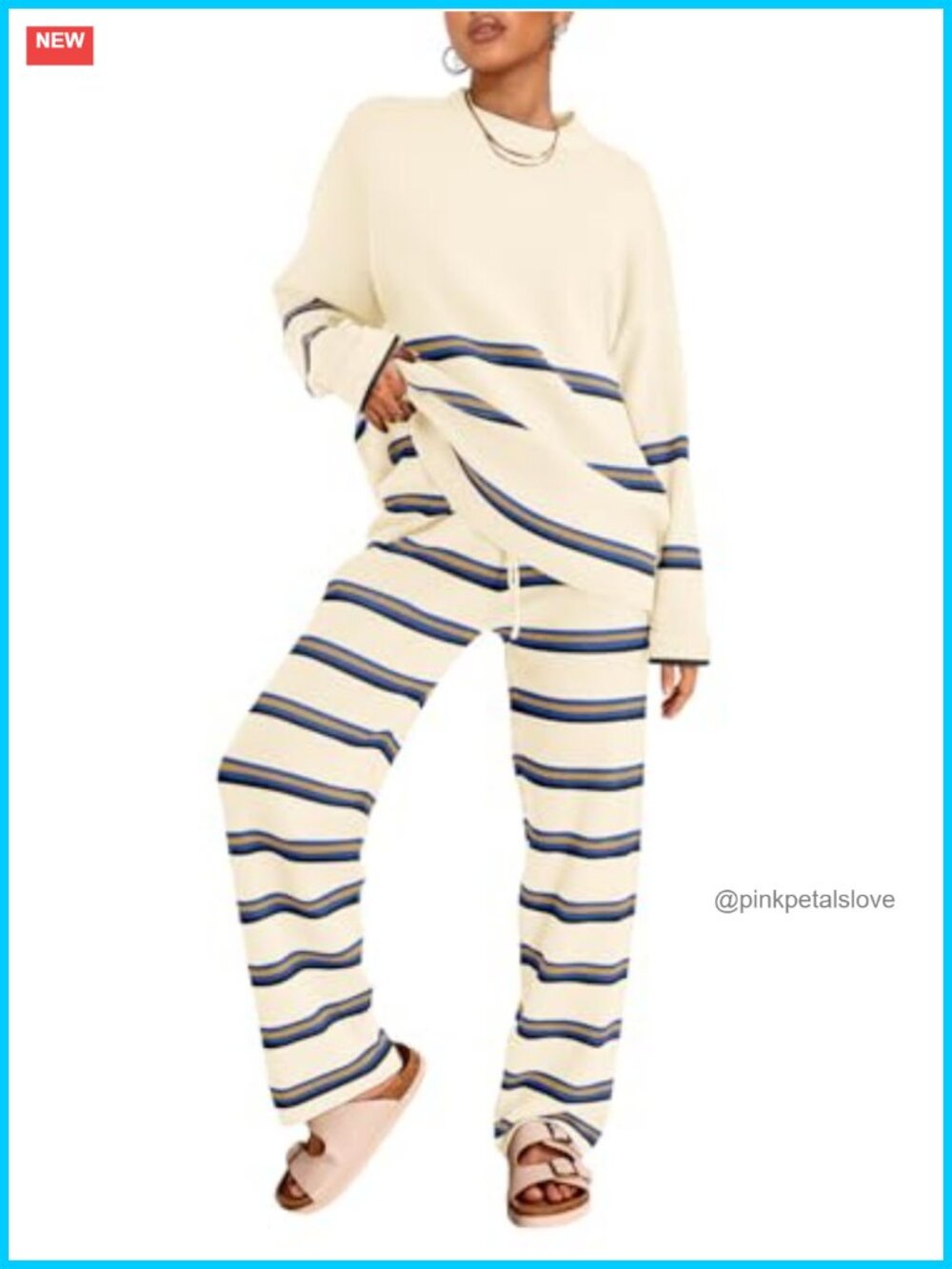 2 Piece Striped Sweater Lounge Set Batwing Sleeve Wide Leg Pants